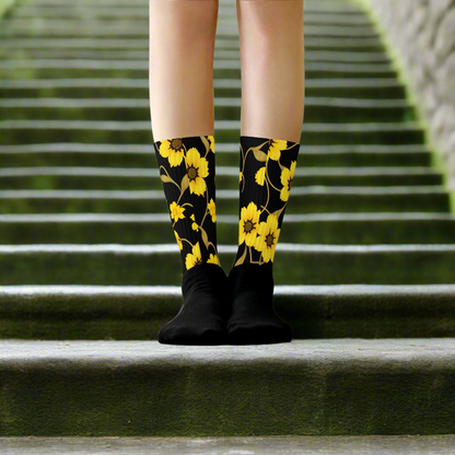 Unisex Black Bottom Socks, Floral Print, Yellow Flower Bloom