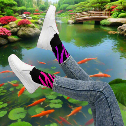 Unisex Black Bottom Socks, Animal Print, Purple Zebra Pattern