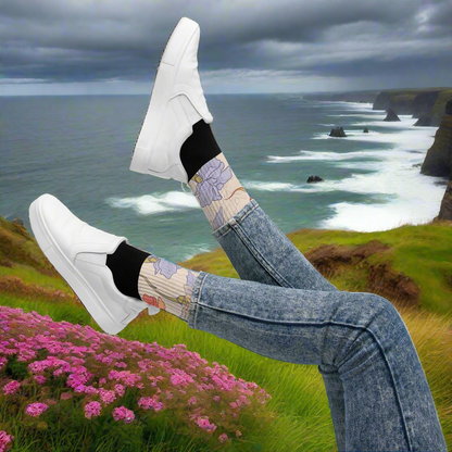 Unisex Black Bottom Floral Print Socks, Iris Flowers