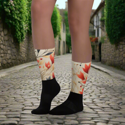 Unisex Black Bottom Socks, Floral Print, Autumn Lilies