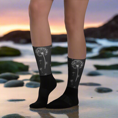 Unisex Black Bottom Socks, Floral print, Dandelion Blooms