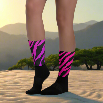 Unisex Black Bottom Socks, Animal Print, Purple Zebra Pattern