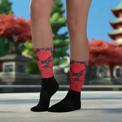 Unisex Black Bottom Socks, Floral Print, Red Lily 
