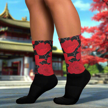 Unisex Black Bottom Socks, Floral Print, Red Lily 