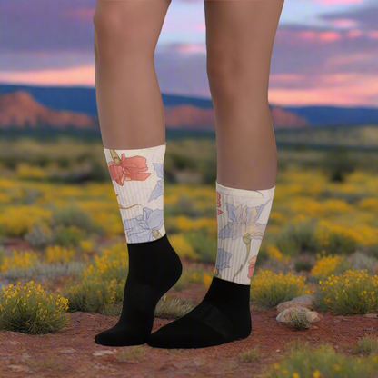 Unisex Black Bottom Floral Print Socks, Iris Flowers