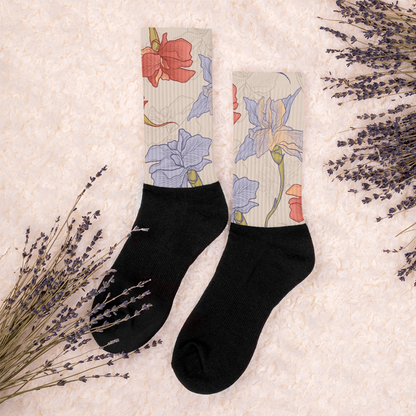 Unisex Black Bottom Floral Print Socks, Iris Flowers