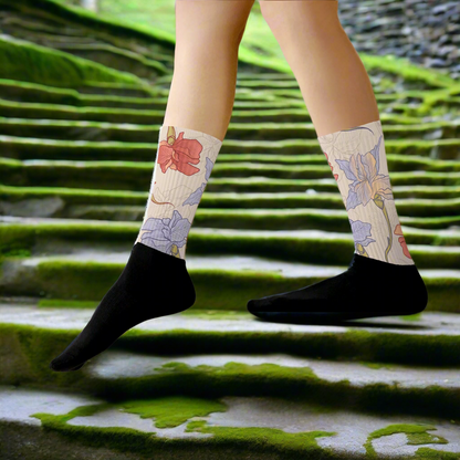Unisex Black Bottom Floral Print Socks, Iris Flowers
