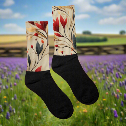 Unisex Black Bottom Socks, Floral Print, Autumn Lilies
