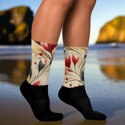Unisex Black Bottom Socks, Floral Print, Autumn Lilies