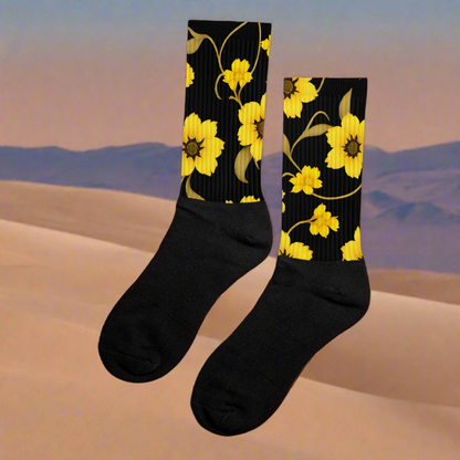 Unisex Black Bottom Socks, Floral Print, Yellow Flower Bloom