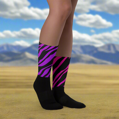 Unisex Black Bottom Socks, Animal Print, Purple Zebra Pattern