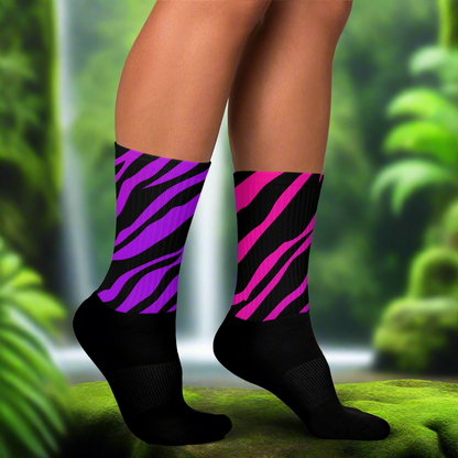 Unisex Black Bottom Socks, Animal Print, Purple Zebra Pattern