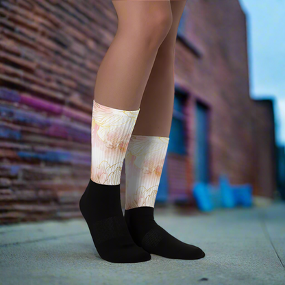 Unisex Black Bottom Floral Print Socks, Pink Peony