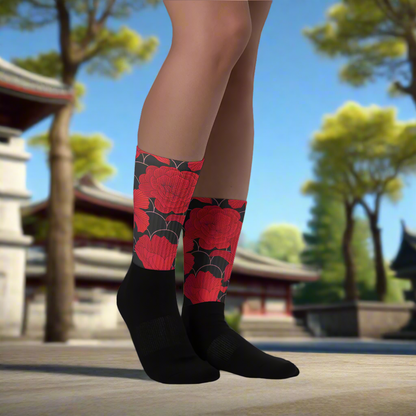 Unisex Black Bottom Socks, Floral Print, Red Lily 