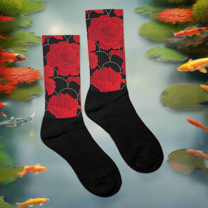 Unisex Black Bottom Socks, Floral Print, Red Lily 