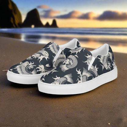 Black Koi Asian Print Slip-on Canvas Shoes designed for comfort and style at the beach