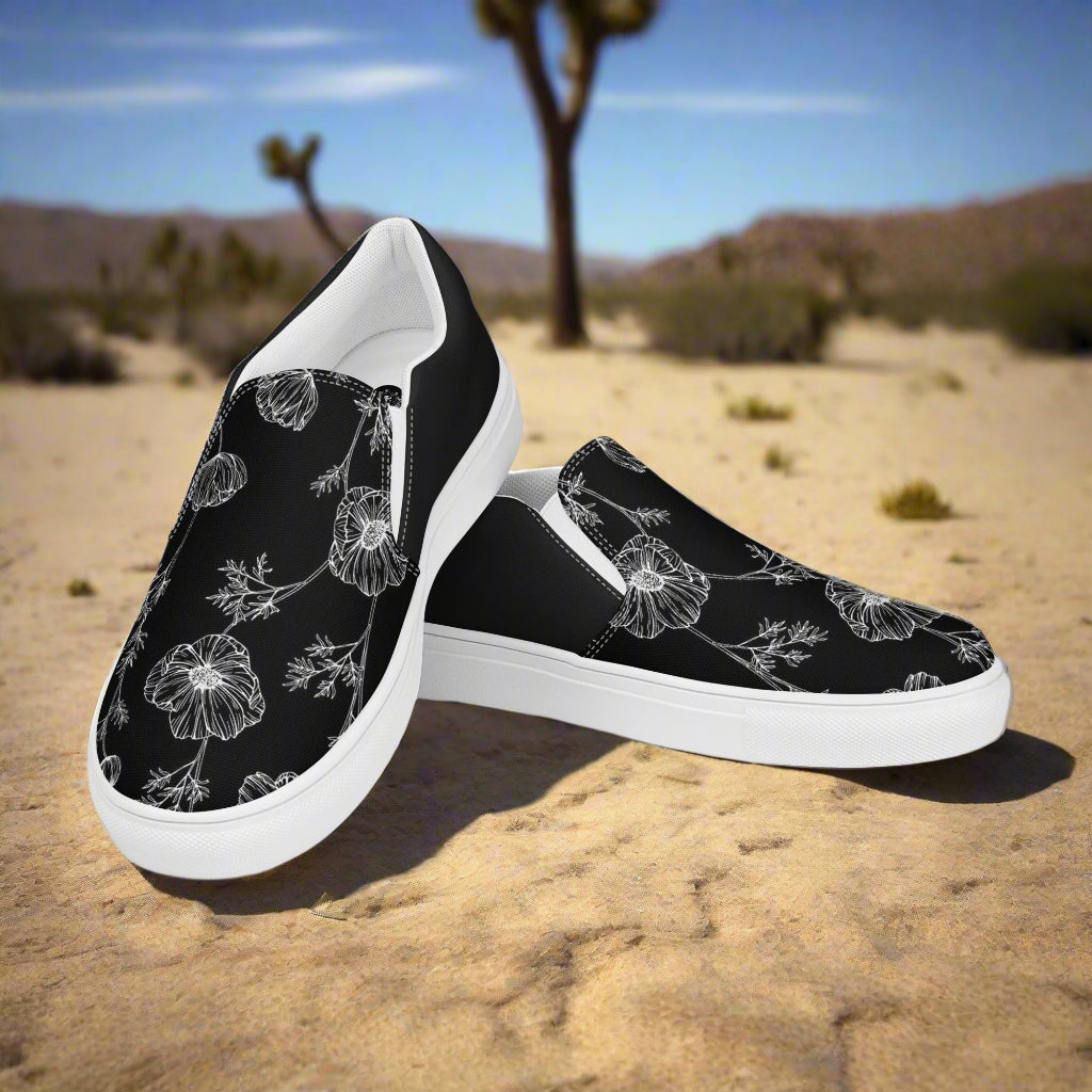 Black Poppy Halftone Slip-on Canvas Shoes featuring a unique floral design for casual wear
