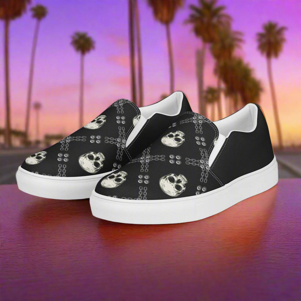 Black Skulls Halftone Slip-On Canvas Shoes with unique graphic design for stylish comfort