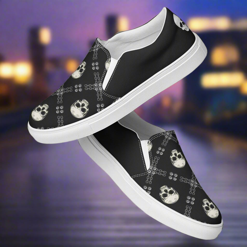 WildSage Market Black Skulls Halftone Slip-On Canvas Shoes with stylish halftone skull design