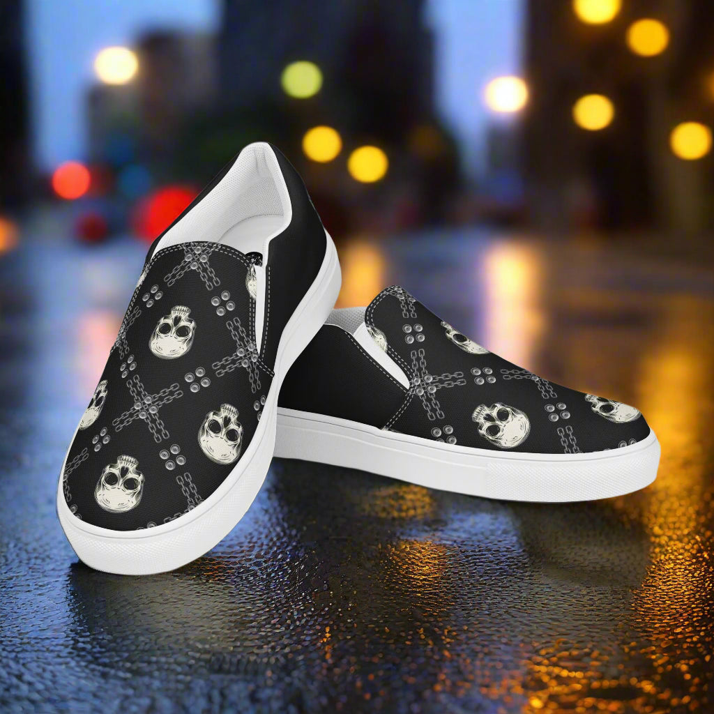 Black Skulls Halftone Slip-On Canvas Shoes with a stylish skull pattern for casual wear