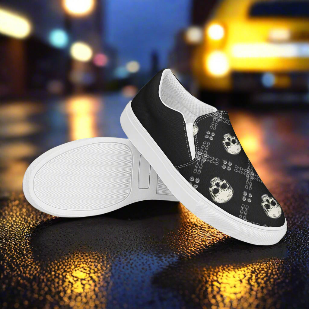 Black Skulls Halftone Slip-On Canvas Shoes featuring a unique skull design and comfortable fit