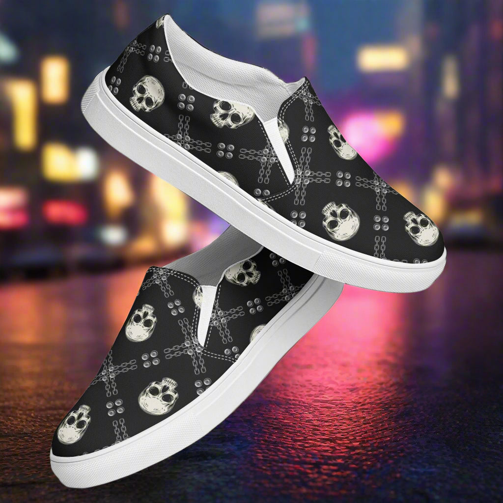 Black Skulls Slip-On Canvas Shoes with unique skull design for casual footwear style
