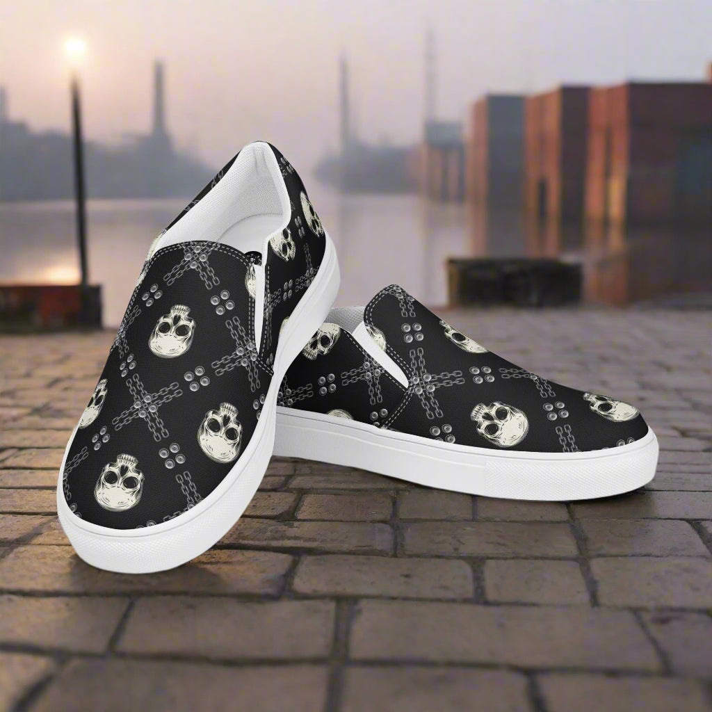 WildSage Market Black Skulls Slip-On Canvas Shoes with Unique Skull Design for Casual Wear