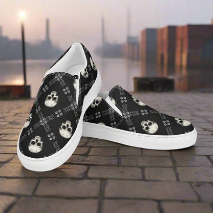 WildSage Market Black Skulls Slip-On Canvas Shoes with Unique Skull Design for Casual Wear