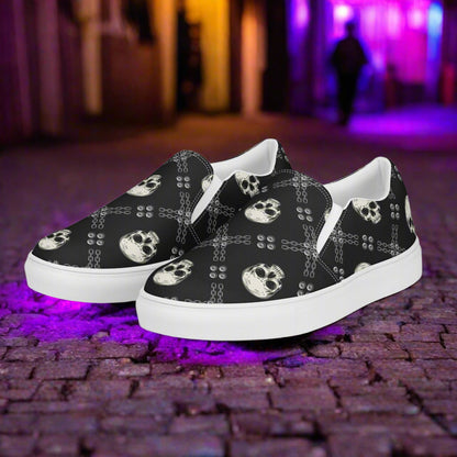 Black Skulls Slip-On Canvas Shoes featuring unique skull designs on a stylish black background
