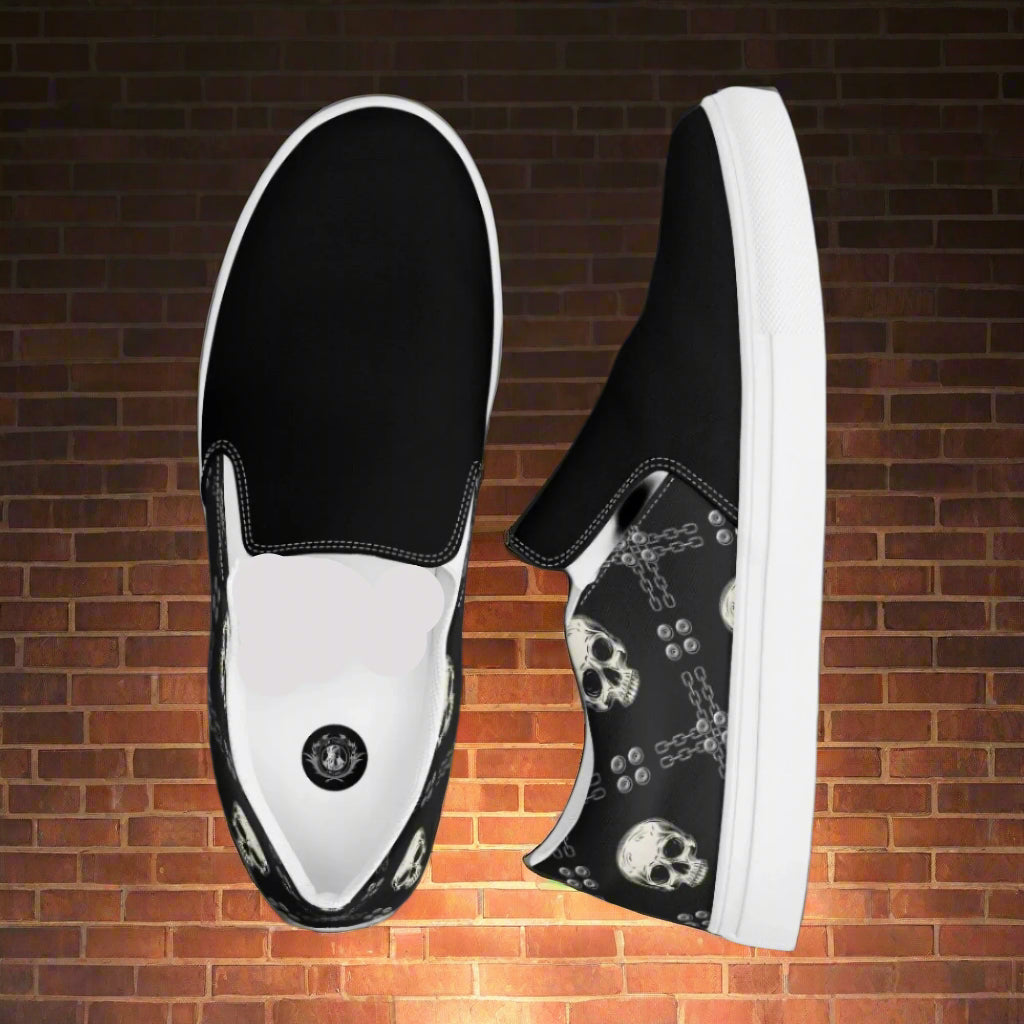 Black Skulls Two Tone Slip-On Canvas Shoes with Unique Skull Design for Stylish Comfort