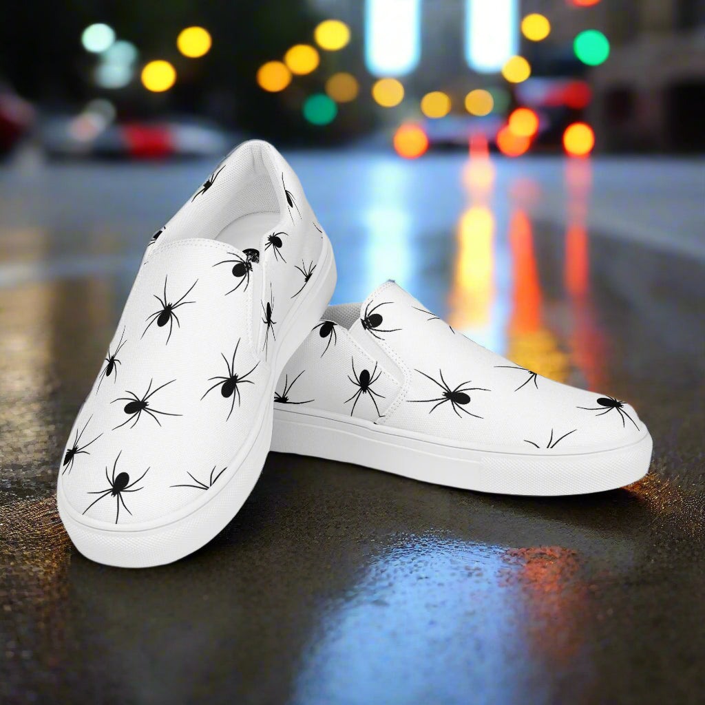 Black Spiders Slip-On Canvas Shoes featuring a unique spider design for casual wear