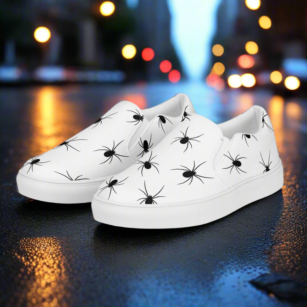 WildSage Market Black Spiders Slip-On Canvas Shoes with Eye-catching Spider Design on White Background