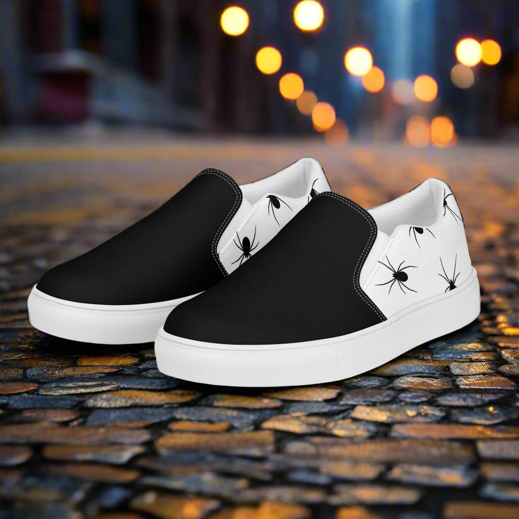 Black Spiders Two Tone Slip-On Canvas Shoes featuring a stylish black and white spider design