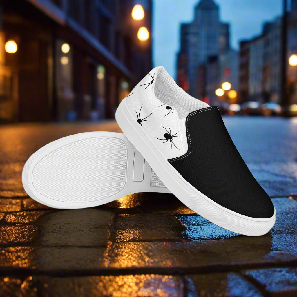 Black Spiders Two Tone Slip-On Canvas Shoes featuring a stylish black and white design for casual wear