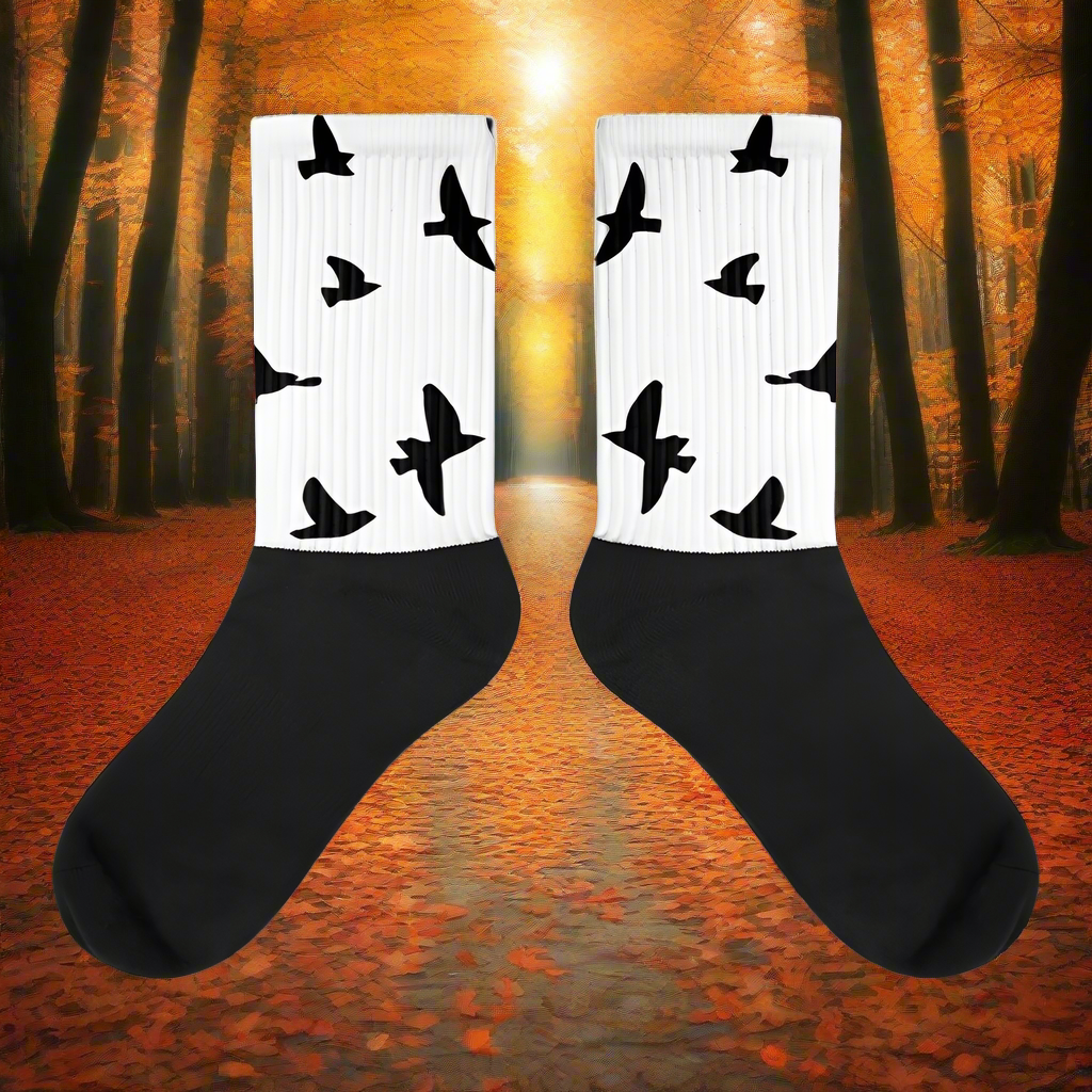 WildSage Market Blackbird pattern socks in white with black bird silhouettes for stylish comfort