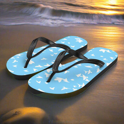 Blue white bird print flip-flops by WildSage Market with black straps for summer comfort