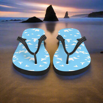 Blue white bird print flip-flops from WildSage Market with a stylish design for beachwear