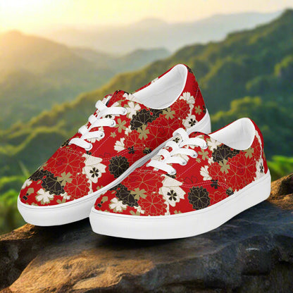 WildSage Market Custom Lace-up Canvas Shoes red floral pattern white laces and rubber sole