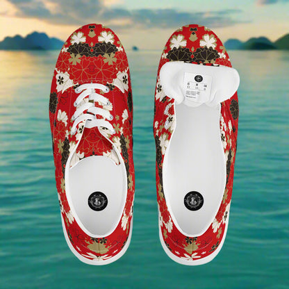 Custom Lace-up Canvas Shoes WildSage Market red floral print with white laces top view pair on water background