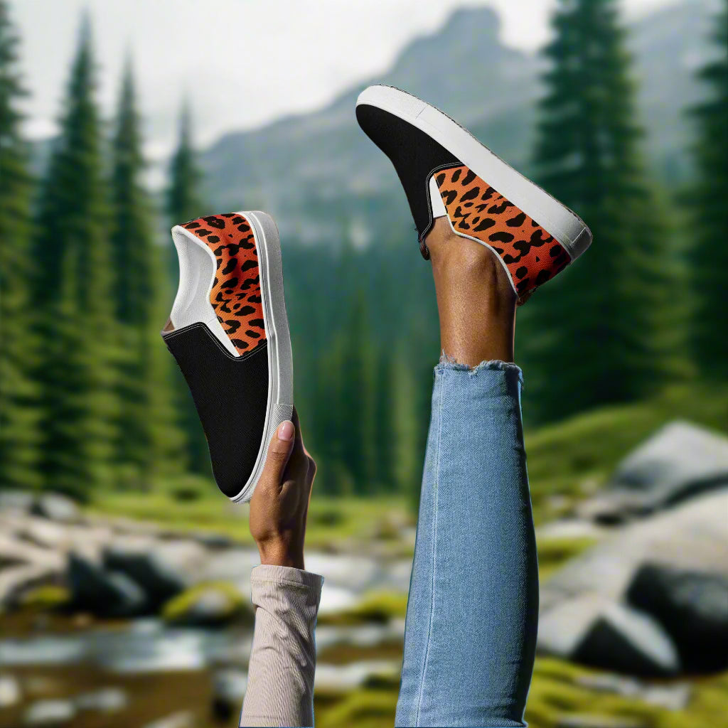 Cheetah Two Tone Slip-on Canvas Shoes featured in an outdoor setting with a stylish design