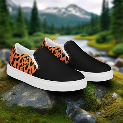 Cheetah Two Tone Slip-on Canvas Shoes with a stylish black and cheetah print design