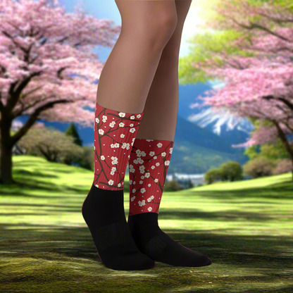 Cherry Blossom Unisex Black Bottom Socks with a vibrant floral design perfect for casual wear