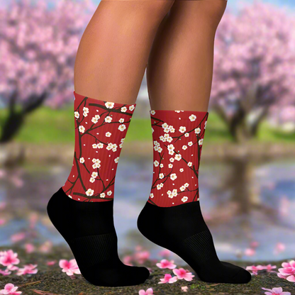 Cherry Blossom Unisex Black Bottom Socks with a vibrant cherry blossom design on a black background