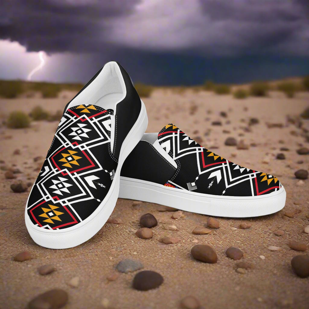 Slip-on Canvas Shoes Condios Halftone with Colorful Tribal Pattern on a Desert Background