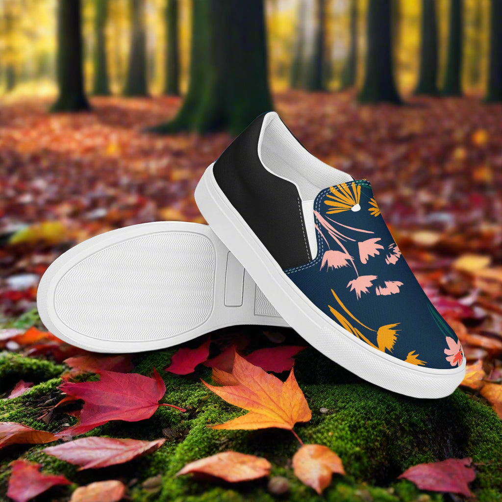 Coneflower Halftone Slip-on Canvas Shoes featuring a floral design, perfect for comfortable casual wear
