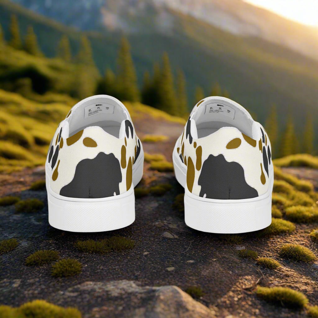 WildSage Cowhide Brown and Black Slip-on Canvas Shoes with a stylish pattern and white soles