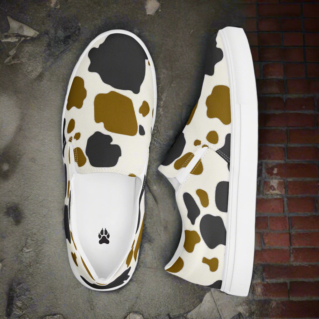 WildSage Cowhide Brown and Black Slip-on Canvas Shoes with Unique Cow Print Design