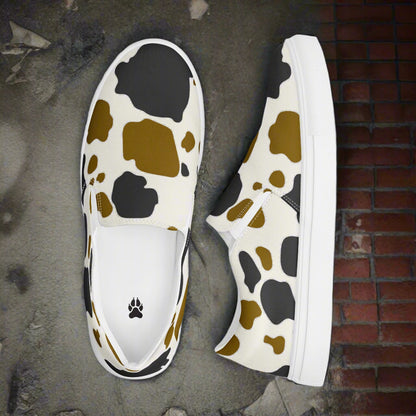 WildSage Cowhide Brown and Black Slip-on Canvas Shoes with Unique Cow Print Design