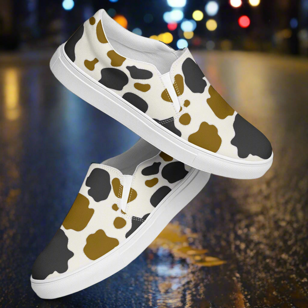 WildSage Cowhide Brown and Black Slip-on Canvas Shoes with Trendy Design for Casual Wear