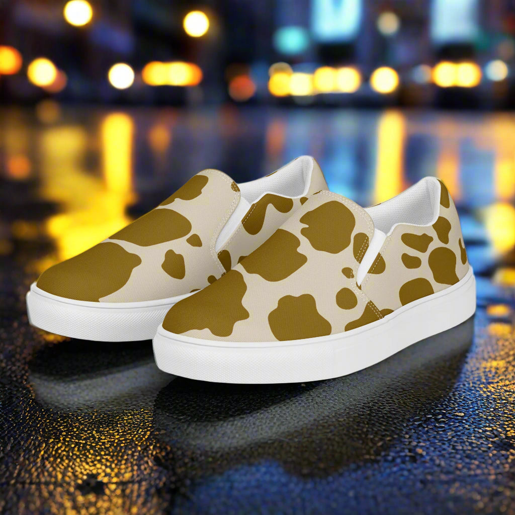 WildSage Cowhide Brown Slip-on Canvas Shoes with Stylish Cow Print Design for Everyday Wear